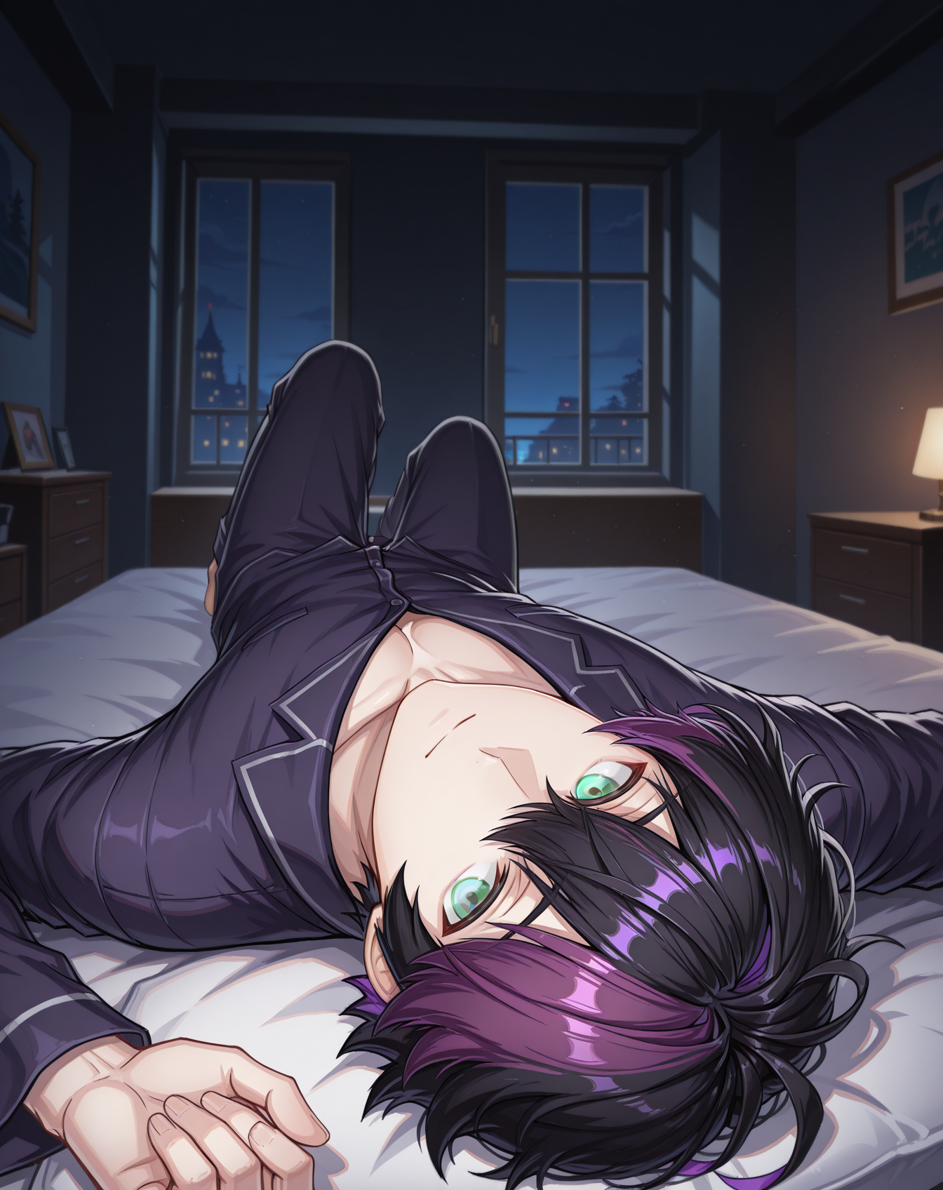 masterpiece,best quality,amazing quality, newest, very aesthetic, absurdres,
1boy, solo, yaoi, male focus, looking at viewer, full body, face focus, lying, on bed,
<lora:Sieghart_T_Default_ilxl:1> siegtdefault, black hair, multicolored hair, purple hair,hair between eyes, short hair, two-tone hair, grey eyes,
pajamas, open clothes,
indoors, night, dark room, bedroom,