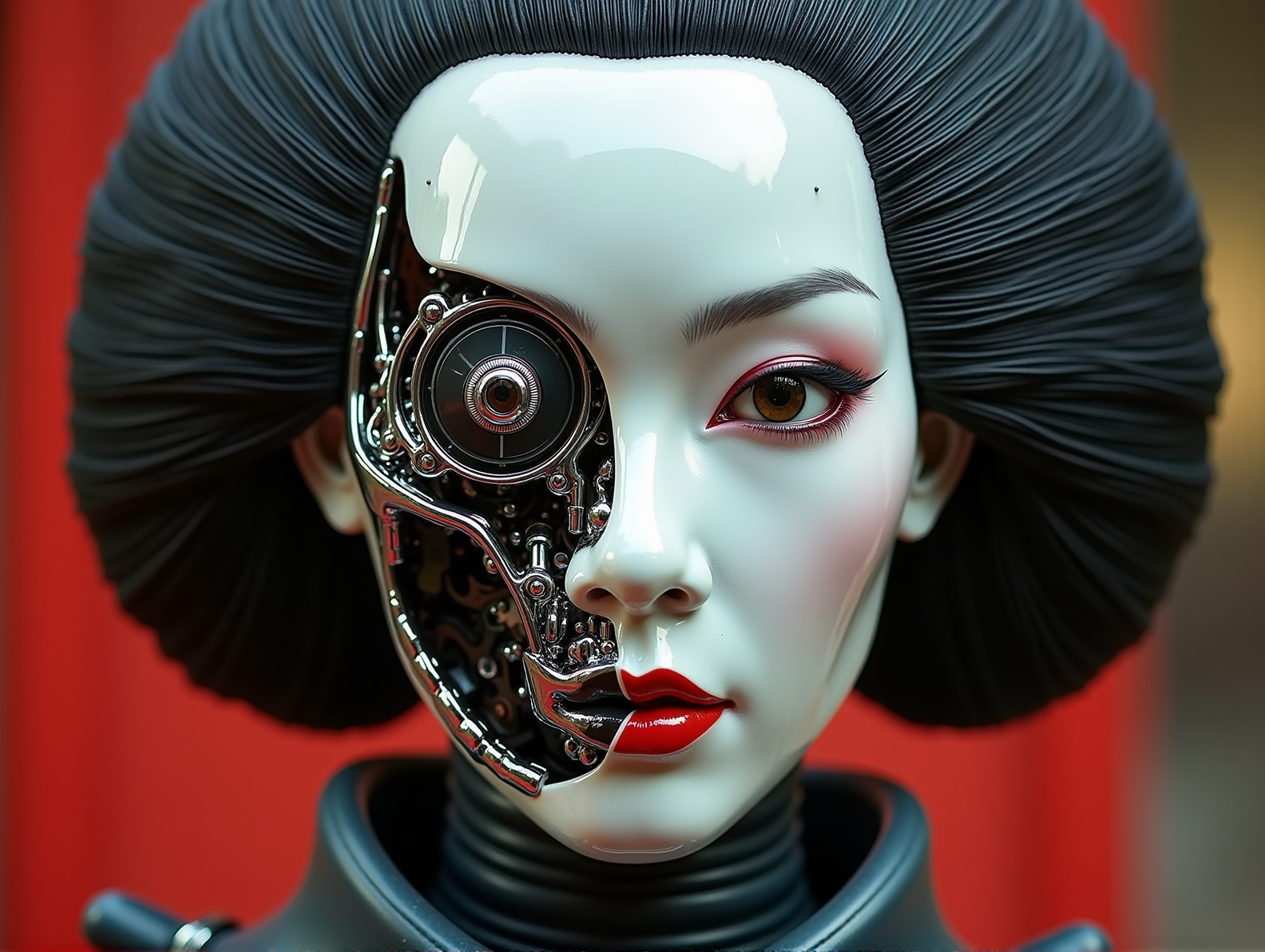 woman Geisha is an android, the plastic cyborg mask is open, the mechanical parts of the robot are visible inside, the android is very sinister and dangerous, from the epic movie "Ghost in Armor",