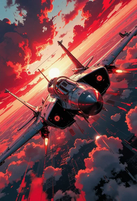 "In the style of CK-MGS, a stunning digital artwork captures a futuristic, highly advanced stealth fighter soaring rapidly through a surreal, dramatic dawn sky. The fuselage, forged from dark gunmetal alloy, reflects subtle gradients of the red horizon, while glowing LED lights illuminate the cockpit’s sleek, angular design. A large air intake dominates the front, emphasizing the fighter’s power and aerodynamic precision.
The sky is alive with swirling, dramatic clouds, painted in fiery reds and deep shadows, adding depth and intensity to the composition. The scene evokes both modern innovation and heroic action, blending hyper-detailed 2D illustrator techniques with epic, cinematic flair. Echoing the dynamic energy of the Fighter in action, the artwork masterfully combines ultra-realistic details, rich textures, and atmospheric realism. The result is a masterpiece-worthy, high-quality wallpaper, exuding both power and artistry."