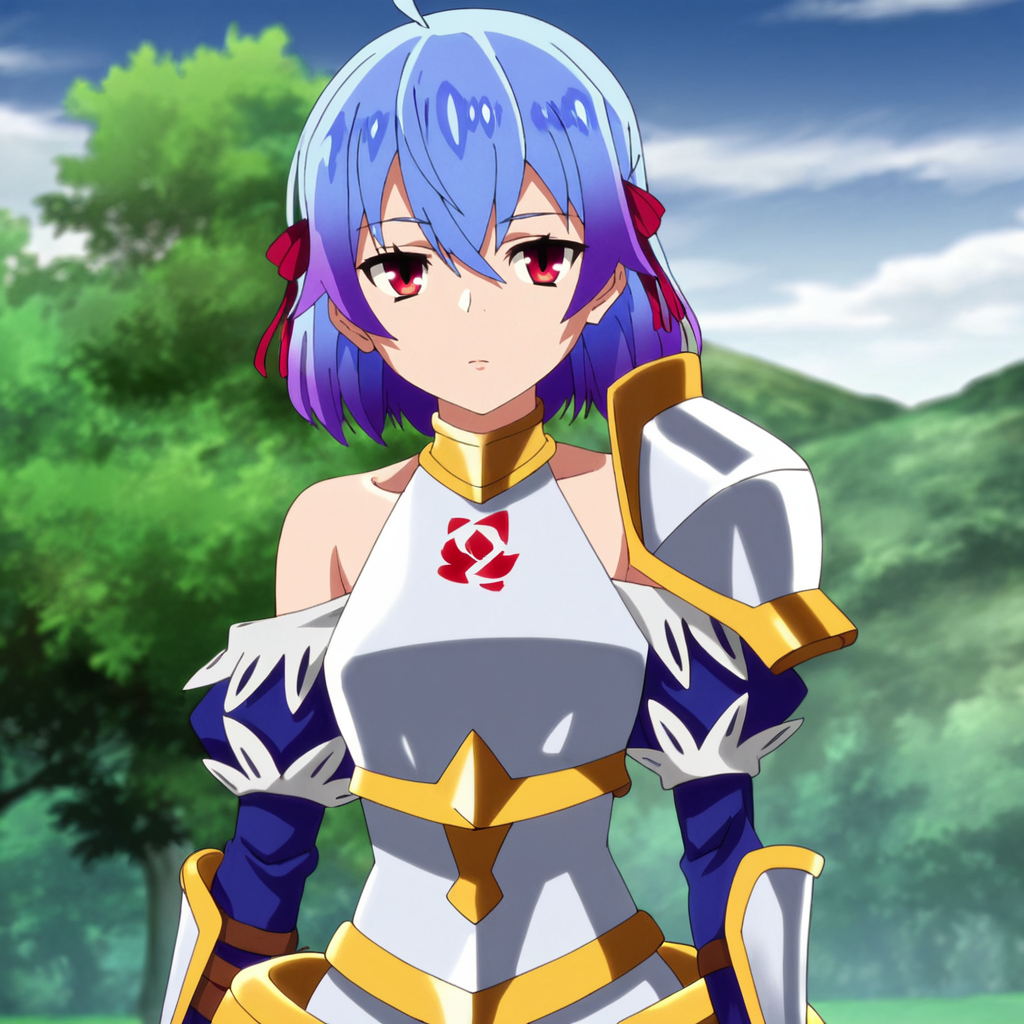 <lora:RutiBanished_pony_v1:.8> RutiBanished, 1girl, blue hair, red eyes, short hair, armor, armored dress, multicolored hair, purple hair, breastplate, bare shoulders, cowboy shot