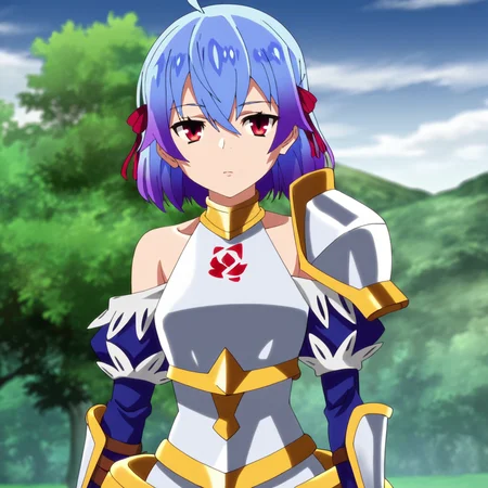<lora:RutiBanished_pony_v1:.8> RutiBanished, 1girl, blue hair, red eyes, short hair, armor, armored dress, multicolored hair, purple hair, breastplate, bare shoulders, cowboy shot