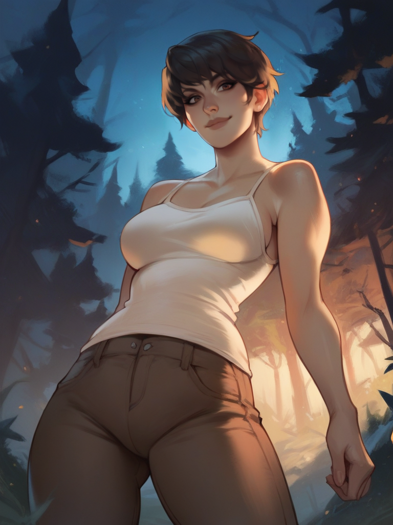 score_9, score_8_up, score_7_up, score_6_up, 1girl, dynamic pose, cowboy shot, looking at viewer, smile, sexy pose, dark forest, low light, light smile, night, from below,
<lora:ACTZZoeBaker_character:0.8>, ZoeBakerXL, short hair, black hair, brown eyes, white camisole, pants, <lora:Bonifasco_PonyXL_v1:0.6>
