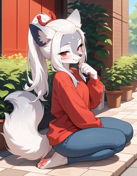 masterpiece, best quality, very aesthetic, absurdres,
outdoors, casual,
full body, posing,
seductive smile, parted lips, long eyelashes,
<lora:Hakuro_v01_NAIXL:1>
H4kur0,1girl,solo,furry,furry female,wolf girl,white hair,long sidelocks,bangs pinned back,ponytail,red eyes,snout,animal nose,body fur,two-tone fur,grey fur,white fur,wolf tail,