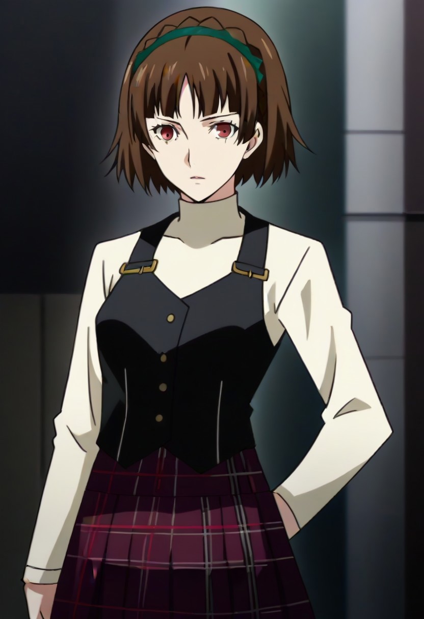 (source_anime), 1 girl, solo, nsfw, aged up, defMako, p5makoto, niijima makoto, short hair, bangs, brown hair, long sleeves, uniform, pantyhose, pleated skirt, turtleneck, plaid skirt,crown braid,uniform, black vest,