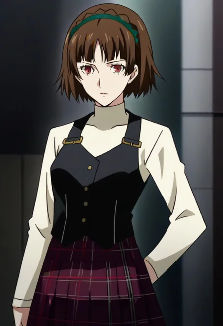 (source_anime), 1 girl, solo, nsfw, aged up, defMako, p5makoto, niijima makoto, short hair, bangs, brown hair, long sleeves, uniform, pantyhose, pleated skirt, turtleneck, plaid skirt,crown braid,uniform, black vest,