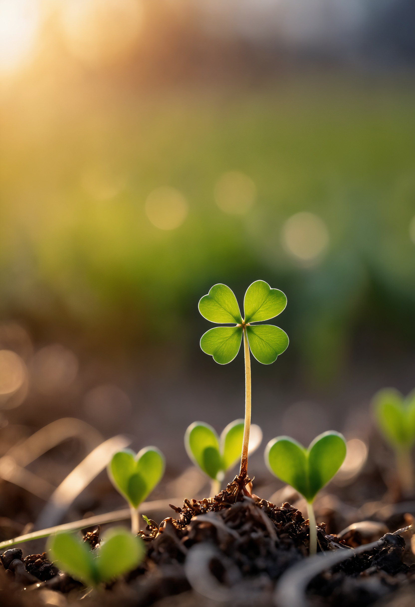 masterpiece,professional macro photography, small sprouting  Clover  plant  (symbol of hope, love and faith) in the war zone field,chaotic background, fire,war,  soft bounced lighting, amazing depth of field, shot from a low angle, shot on Lumix GH5 (cinematic bokeh, dynamic range, vibrant colors)
