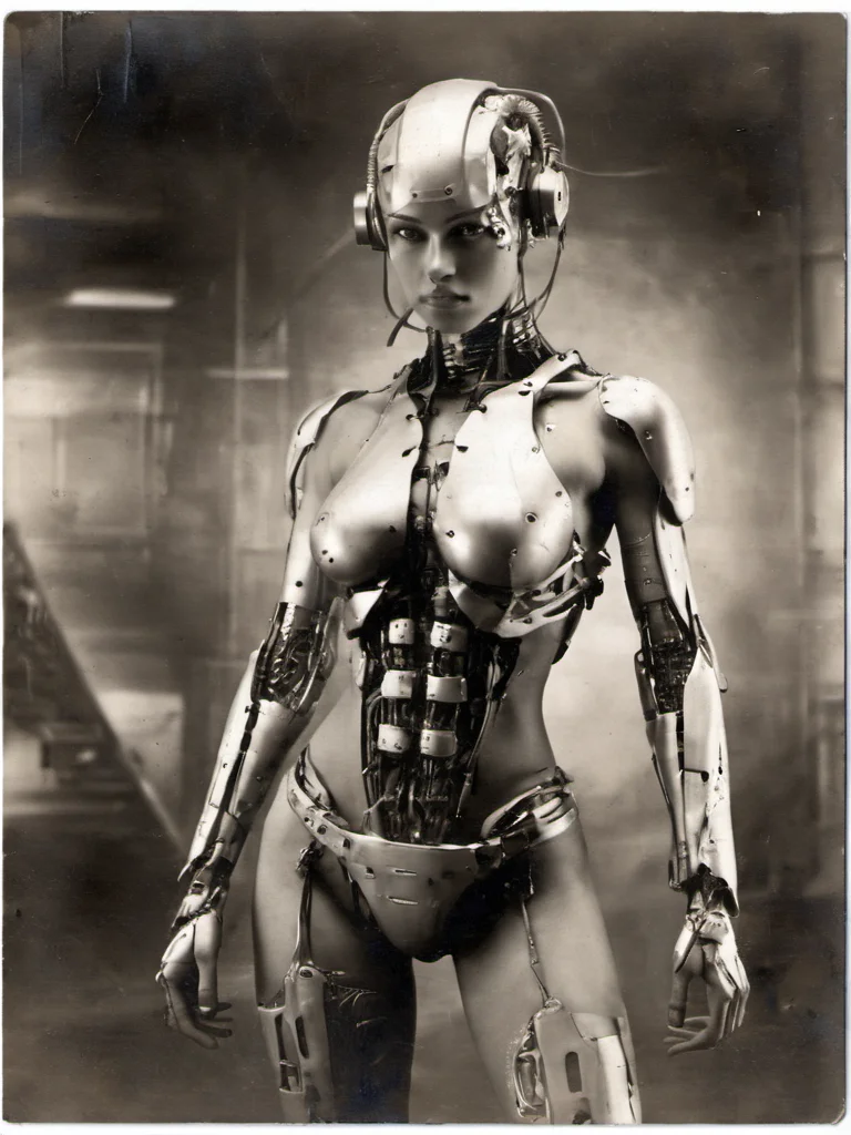 Photograph of a sexy female cyborg <lora:rppc:1>