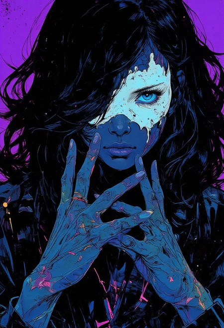 This image is a highly stylized digital drawing in a contemporary, graphic art style, in the style of cksc,. The subject is a person with deep sapphire-blue skin and long, wavy obsidian-black hair, which is intricately detailed with fine, flowing lines. The hair is styled in a way that partially covers the face, giving a sense of mystery and intrigue. The person's eyes are a striking, vivid cyan, contrasting sharply with the glowing white mask-like area around the eyes and nose, creating a dramatic effect. The hands are prominently featured, with fingers spread wide and positioned near the face, adding to the sense of tension and emotion. The hands are also detailed with intricate, textured lines that mimic the skin's natural grain. The background is a solid, intense neon purple, which enhances the contrast and intensity of the subject. The overall color palette is bold and striking, with the use of black, white, cyan, and violet, creating a visually dynamic and powerful image. The style is reminiscent of modern digital art, with a focus on clean lines, sharp contrasts, and intense emotions conveyed through color and composition.
