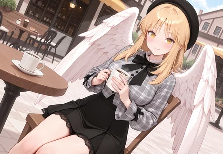 highres, best quality, sitting on chair, table, outdoor cafe, holding coffee mug,
1girl, KRAselica, amazing quality, wings, large angel wings, blonde hair, large breasts, black skirt, plaid jacket, long sleeves, hat, bow, very aesthetic, absurdres, newest, dynamic pose, dynamic angle, looking at viewer, blush, smile
