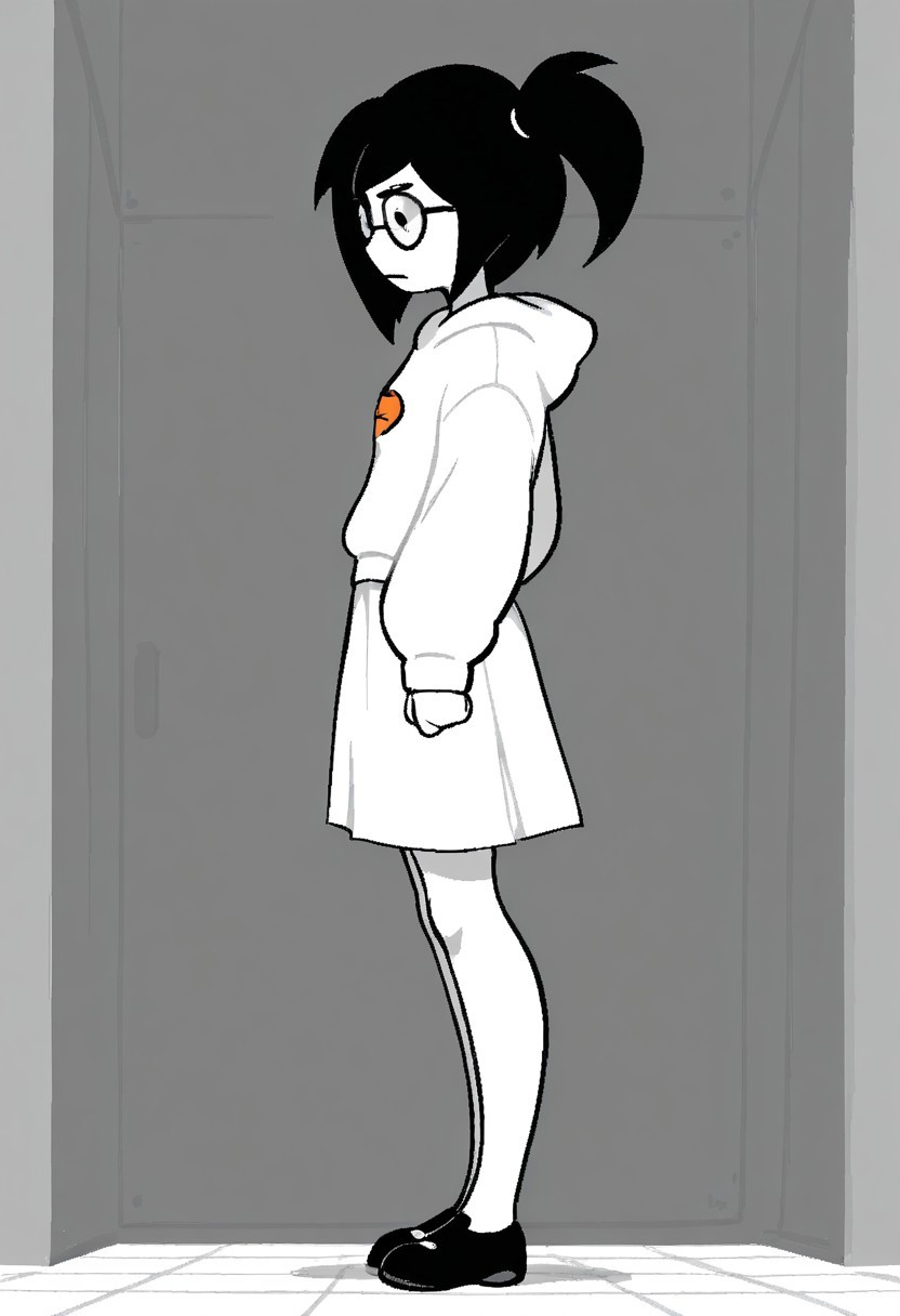 anime, masterpiece, best quality, detailed background, 8k, 1girl,
Abby Barclay, Colored skin, White skin, Black Hair, Glasses, Ponytail, White Hoodie, white skirt, black shoes, side ponytail,
((Side view,))