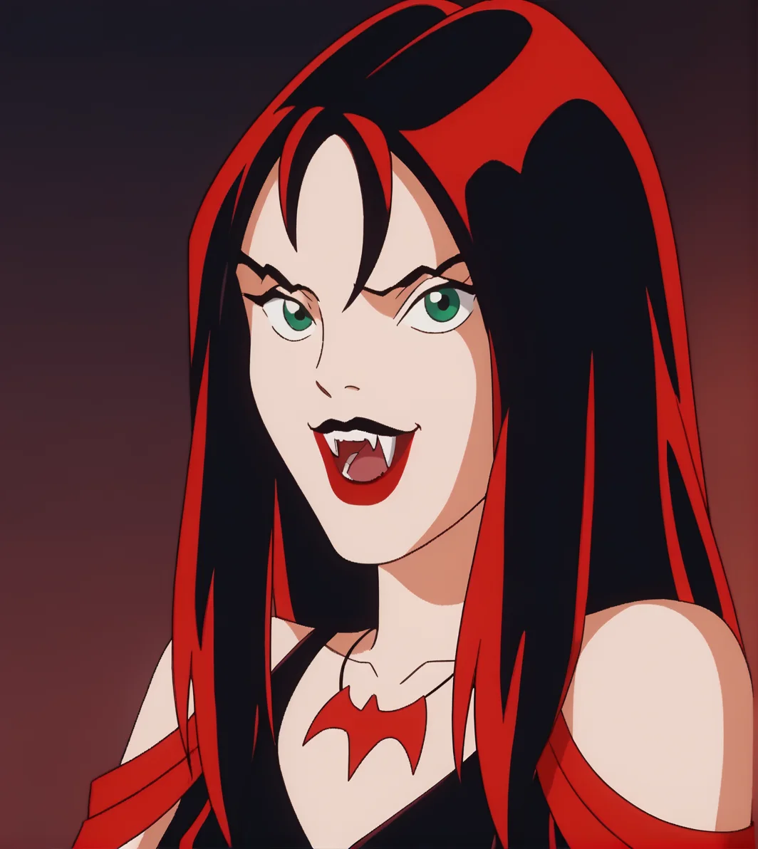 score_9,score_8_up, score_7_up,
hexthorn, 1girl, solo, close up, portrait, long black hair with red highlights, green eyes,
black and red dress with red draped sleeves, red bat necklace, lipstick,
open mouth, fangs, pointy teeth, vampire,
retro_artstyle, cartoon, source_cartoon, lowres, 1990s_style,
<lora:Thorn_The_Hex_Girls:1>