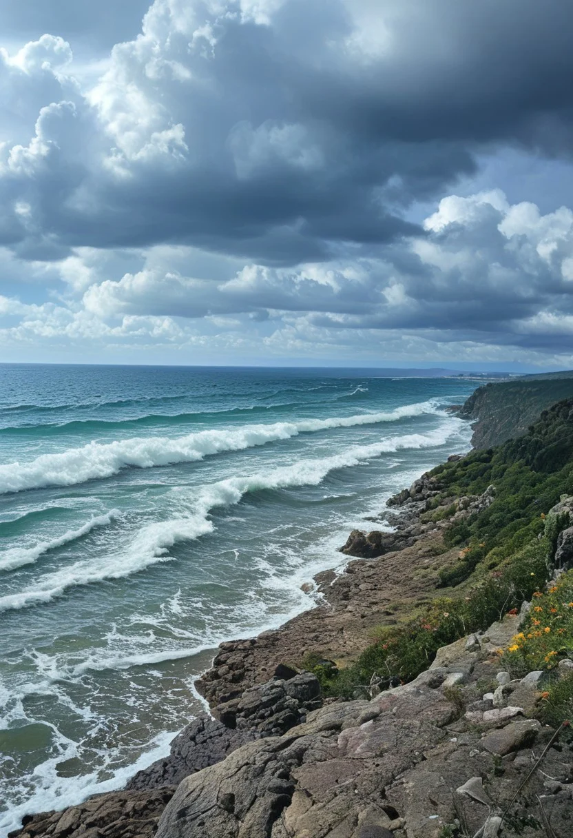 a vibrant colorful photo of a British coast landscape. Big cliffs, seashore, sea, wide sea, big waves, stormy weather, rough cold weather, dark clouds
outdoors, Location , Scenery ,
