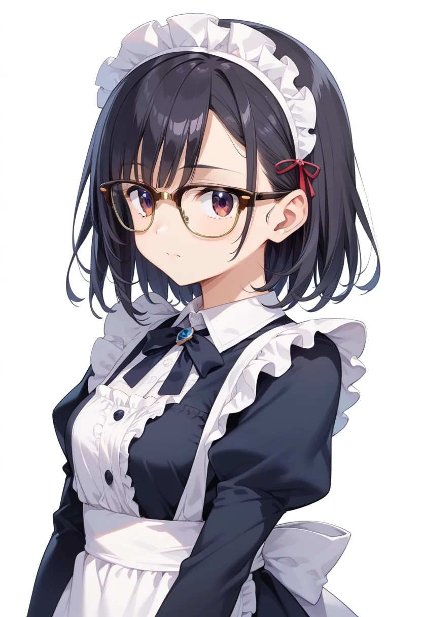 score_9, score_8_up, score_7_up, rating_safe, masterpiece, best quality, absurdres, unity 8k wallpaper, official art, official style, source_anime, uncensored, game cg, megami magazine,
1girl, solo, black hair, medium hair, upper body, covered eyes,maid, maid headdress, black dress, maid apron,
sirmont, glasses, white background, simple background, brown-framed eyewear, yellow-framed eyewear, two-tone eyewear,
<lora:glasses_clubmaster_PONY_V1:1>