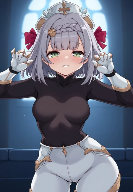 score_9, 1girl, noelle_(genshin_impact), solo, white pants, white gloves, smile, parted lips, looking at viewer, black and white outfit, black shirt, shirt tucked in, half-closed eyes, blush, dynamic pose, green eyes, black hair ribbon, 