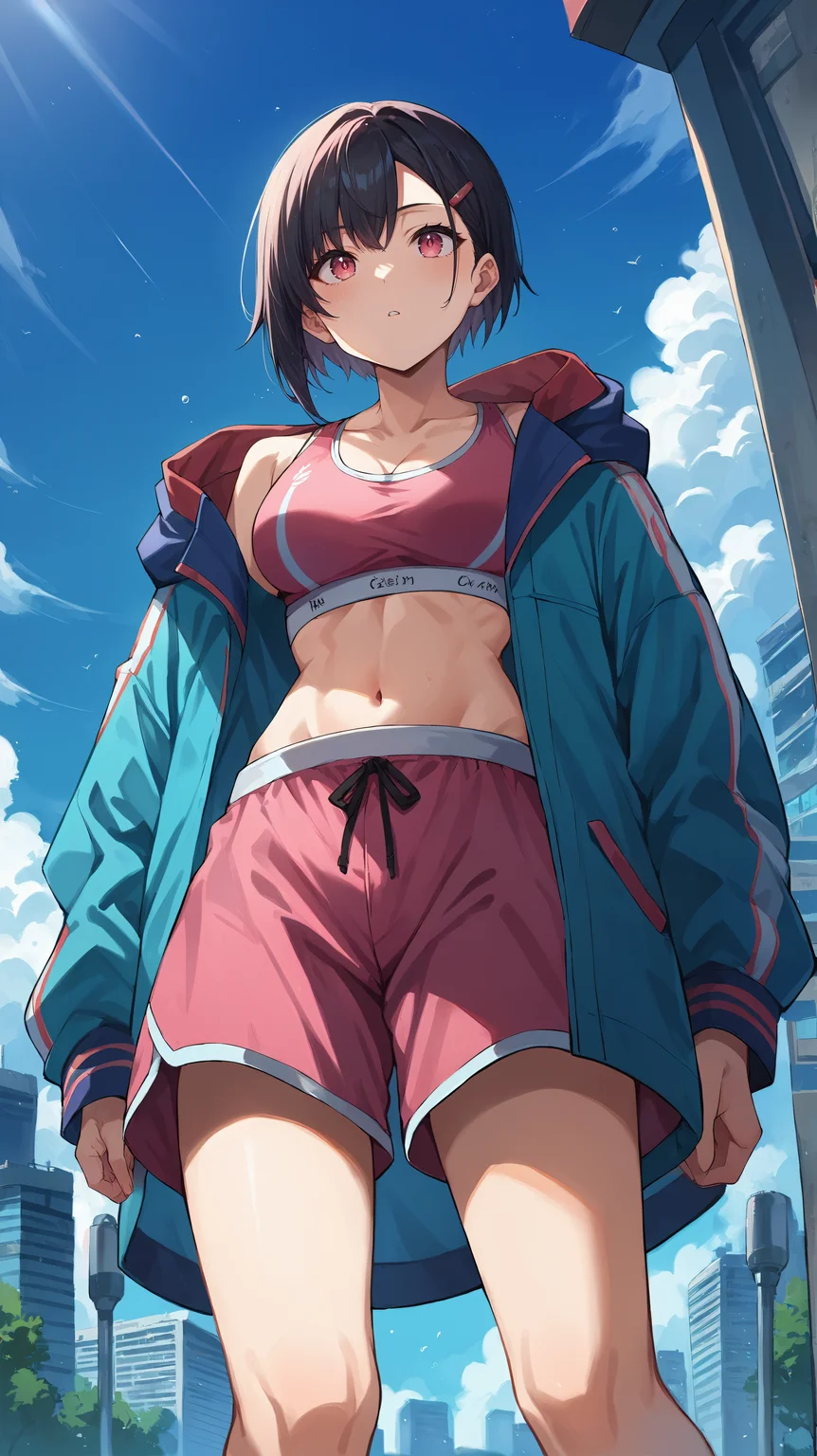 score_9,score_8_up,score_7_up,score_6_up, source_anime, zPDXL, <lora:xl_more_art-full_v1:0.5>, girl, dynamic pose, <lora:Mikazuki Shizuka - Pony-000003:0.7>, short hair, black hair, pink eyes, pink sports bra, pink shorts, colorful blue jacket, oversized jacket, hairclip, bangs, modern city, skyscraper, looking up, from from below,