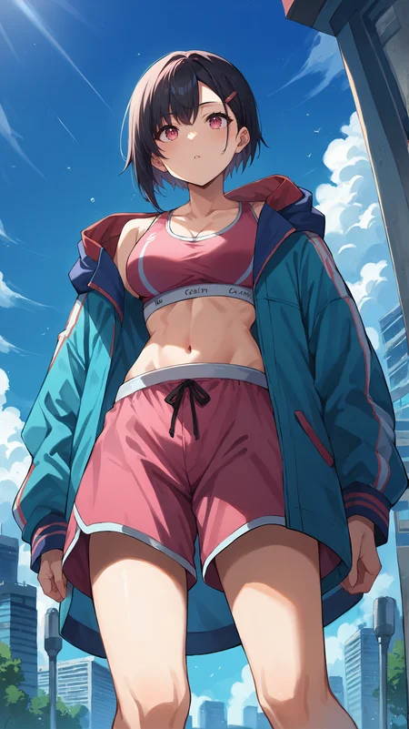 score_9,score_8_up,score_7_up,score_6_up, source_anime, zPDXL, <lora:xl_more_art-full_v1:0.5>, girl, dynamic pose, <lora:Mikazuki Shizuka - Pony-000003:0.7>, short hair, black hair, pink eyes, pink sports bra, pink shorts, colorful blue jacket, oversized jacket, hairclip, bangs, modern city, skyscraper, looking up, from from below,