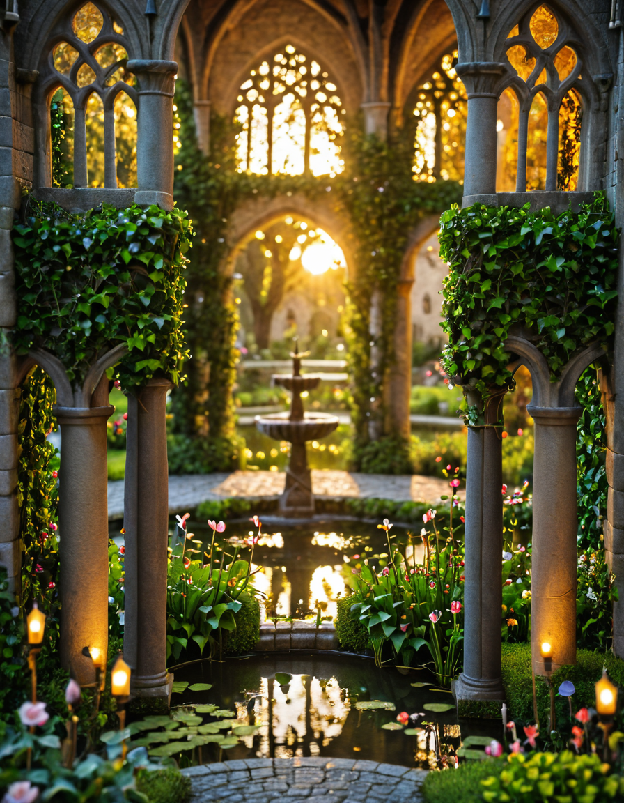 <lora:MW_Minis02xlc:1> m1md, medieval, epic, epic details, epic scale, absurdres, outdoors, closeup, arches, medieval square garden, bokeh, noone, lights, vegetation on walls, grass, illuminated windows, sunset, pond, vegetation, trees, flowers, 
fountain, columns, climbing ivy,