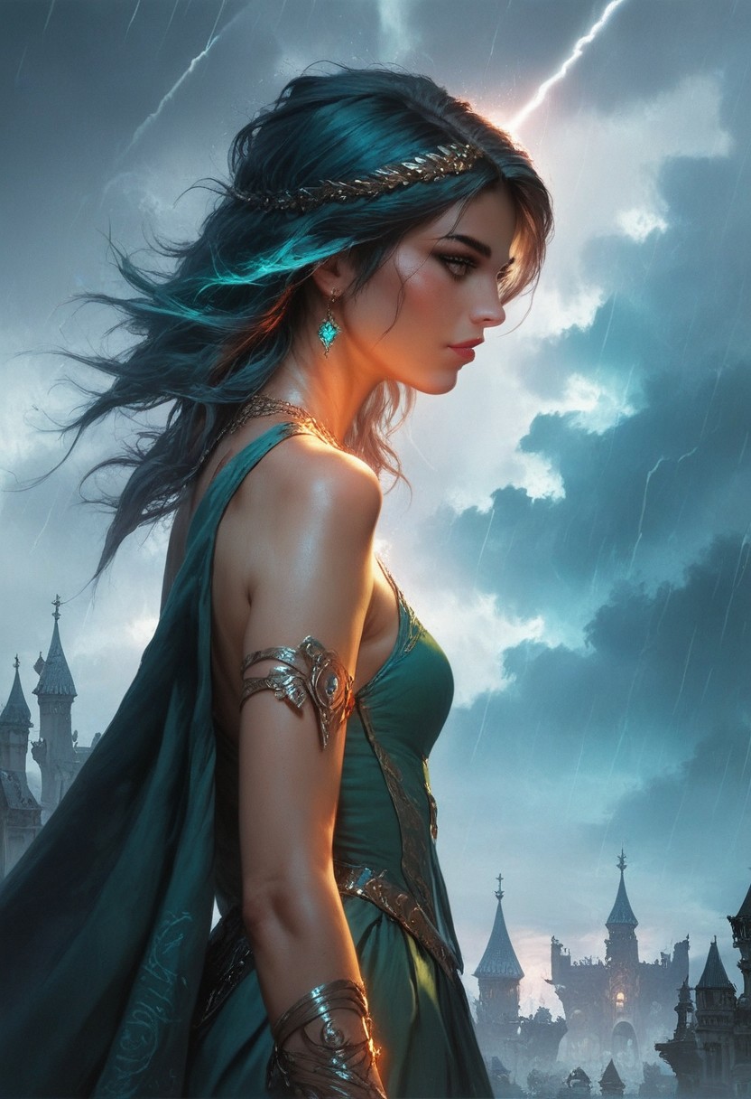 score_9, score_8_up, score_7_up, realistic, rating_questionable,  young woman wearing a long green empire style dress , , (masterpiece, best quality, highly detailed, realistic), at the oceanside, Storm, windy, vibrant colors, sideview