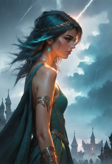 score_9, score_8_up, score_7_up, realistic, rating_questionable,  young woman wearing a long green empire style dress , , (masterpiece, best quality, highly detailed, realistic), at the oceanside, Storm, windy, vibrant colors, sideview