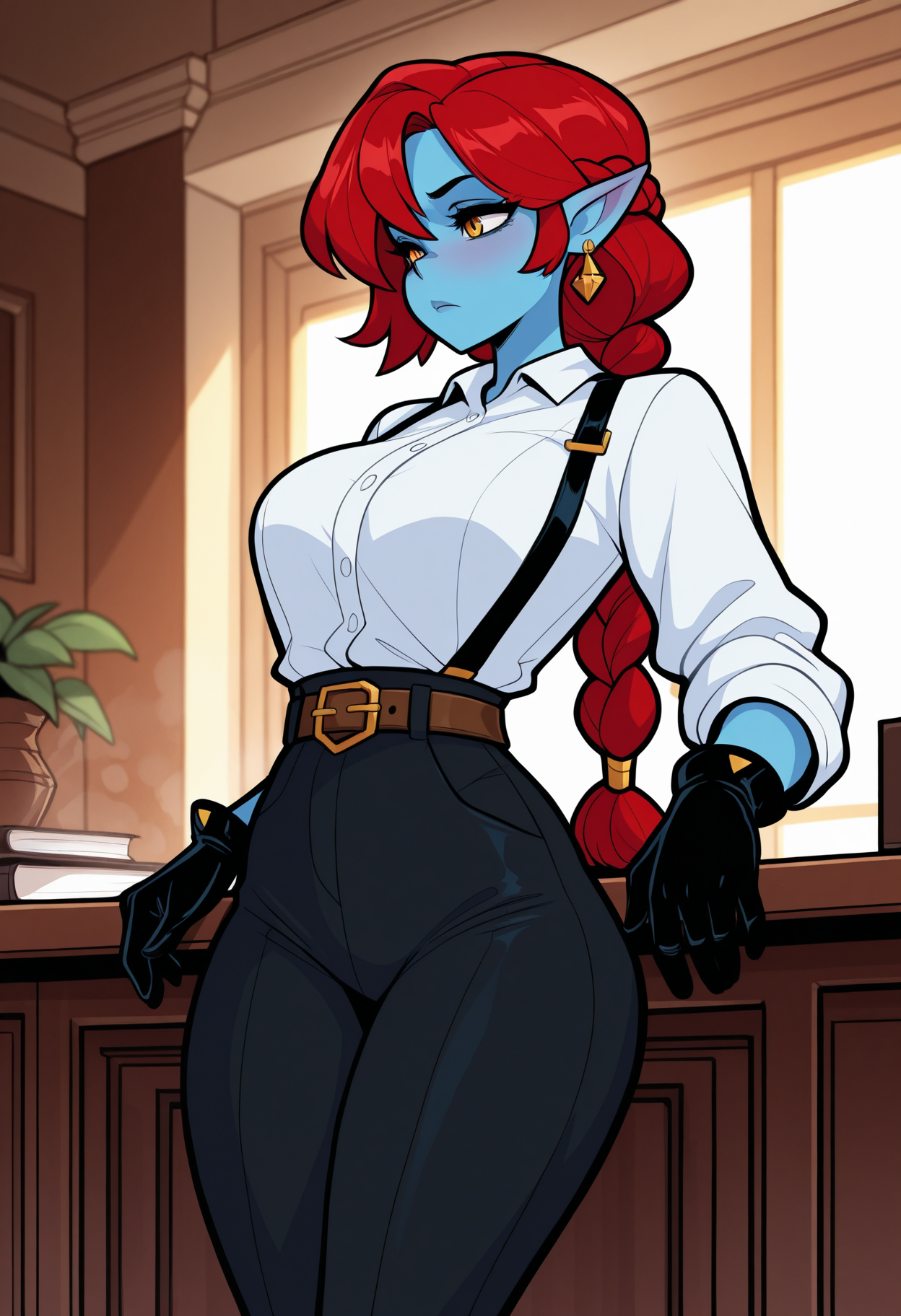 masterpiece, best quality, amazing quality, necrodancerStyle  <lora:necrodancerStyle_illustrious_byJaneB:1>,
1girl, solo, blue skin, gloves, colored skin, red hair, pointy ears, earrings, black gloves, jewelry, long hair, braid, white shirt, suspenders, belt, lavish office