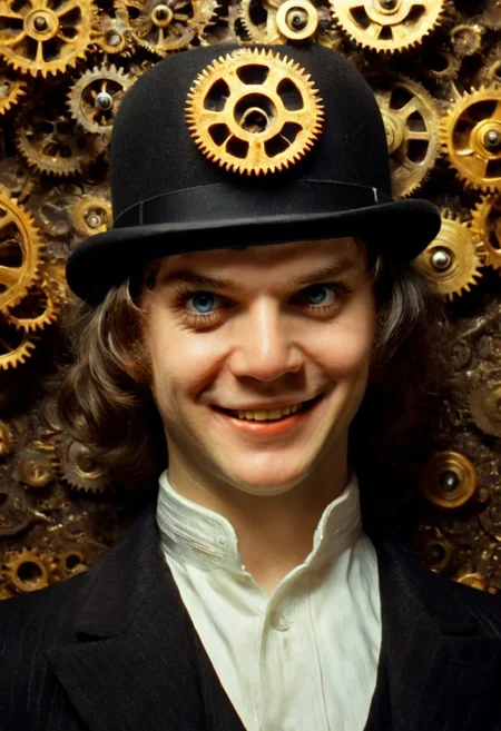 close up photo, In a futuristic dystopian Britain a clockwork orange of roast gears poster with a creep man in a bowler hat, solo, looking at viewer, smile, black hair, 1boy, hat, yellow eyes, upper body ,male focus, grin, black headwear, copyright name, glowing, evil smile, fedora, cinematic, film, kodak, Clockwork Orange film style, background made of roast gears, dramatic lighting, action scene drill straight into the camera, extricate details