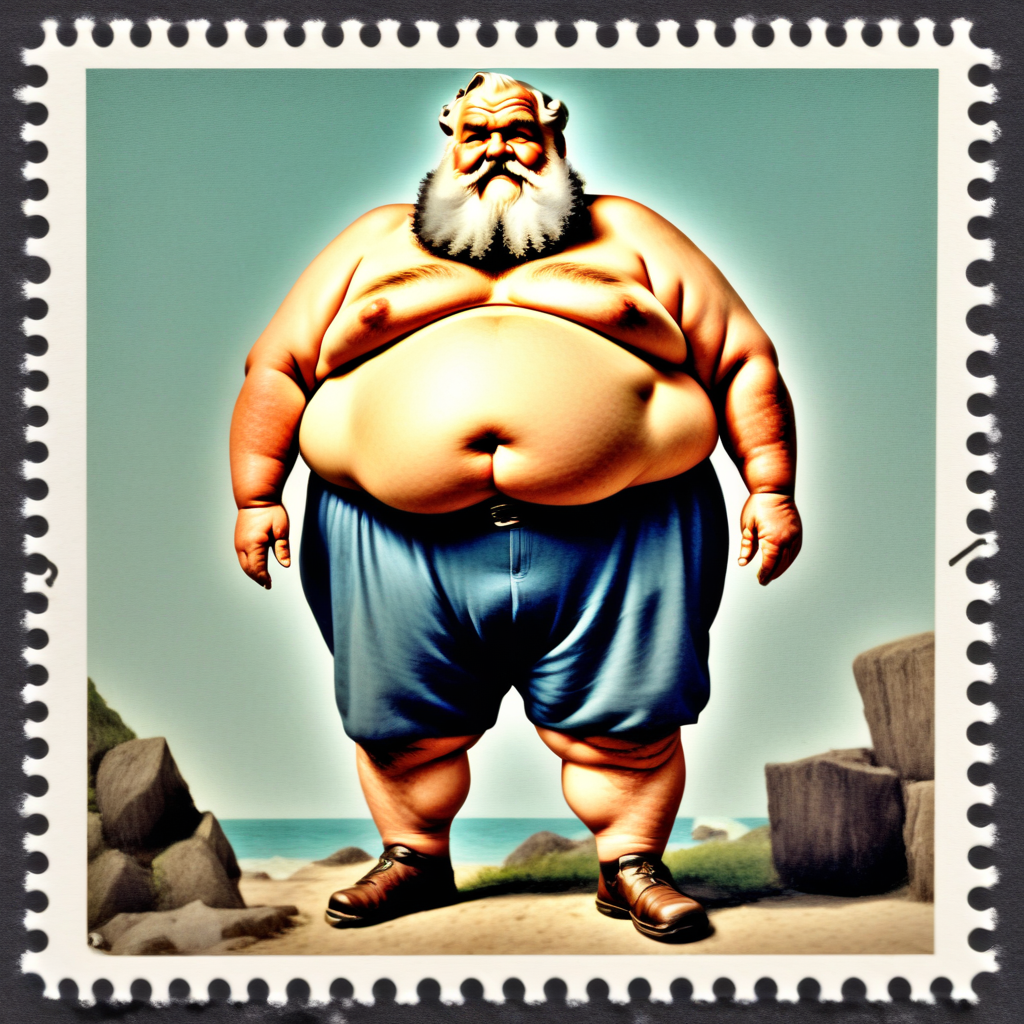 shirtless obese bearded grandpa postage stamp