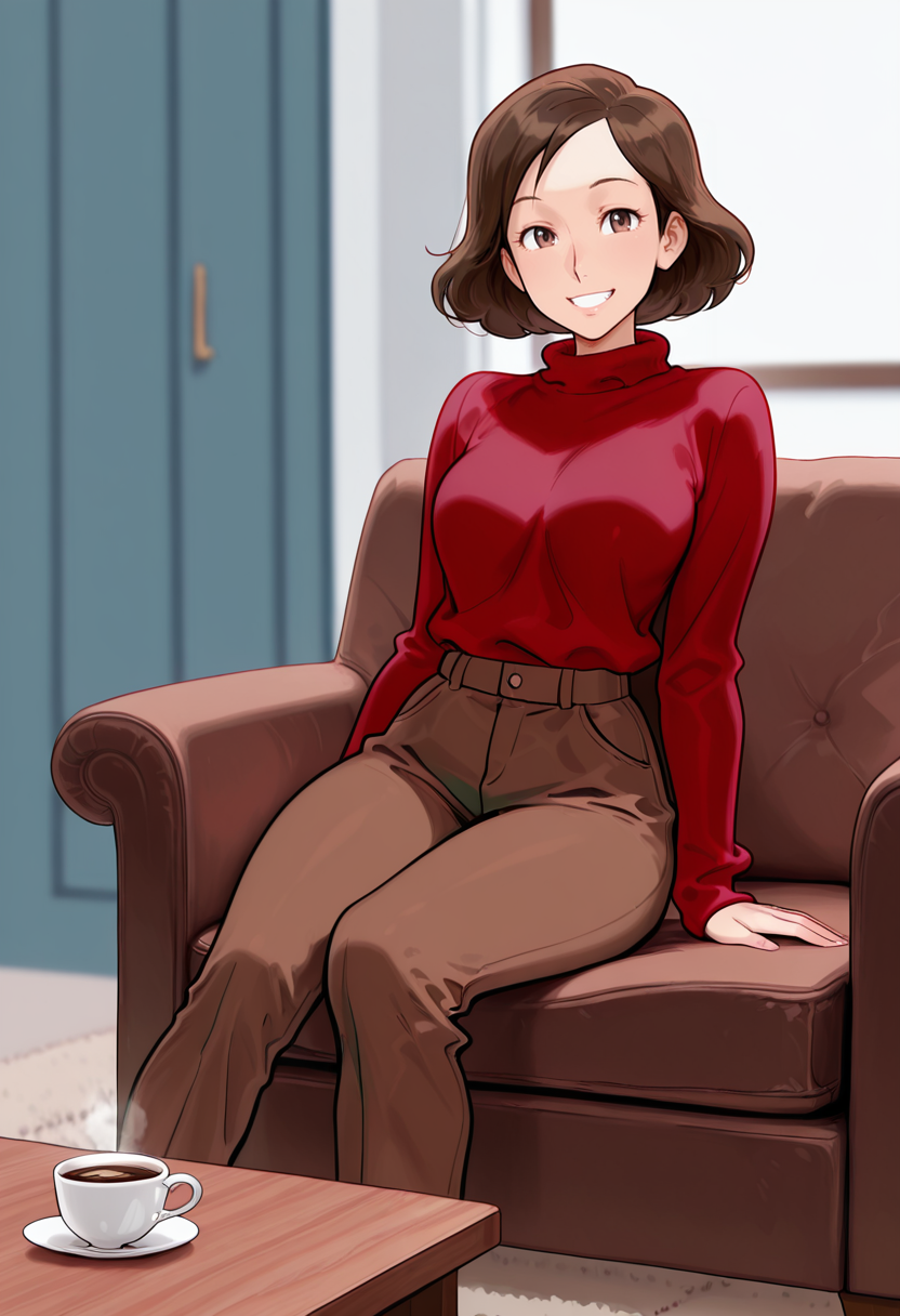 <lora:HerrscherAGGA2025_COLIG_ST-IL_V2:0.7>,   <lora:Johanna_Hilda__Illustrious:0.6> , <lora:Smooth_Booster:0.25>, masterpiece, best quality, very aesthetic, absurdres, hilda_(series), johanna_(hilda), Johanna, brown hair, brown eyes, red sweater, brown pants, sit on chair, smiling,  on coffee table,  adult, <lora:AKinuNishimura_Style:1>
