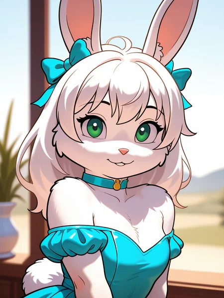 BYC0B4LT, solo, female, rabbit, bunny, bare shoulders, off shoulder, dress, choker, hair bow, long hair, ruffled hair, white fur, white hair, green eyes, looking at viewer,
<lora:BYC0B4LT-Illust:0.8> , uploaded on e621, (detailed background, depth of field), (intricate:1.1), (high detail:1.2), (soft focus), (masterpiece, best quality, 4k, 2k, shaded, absurd res)