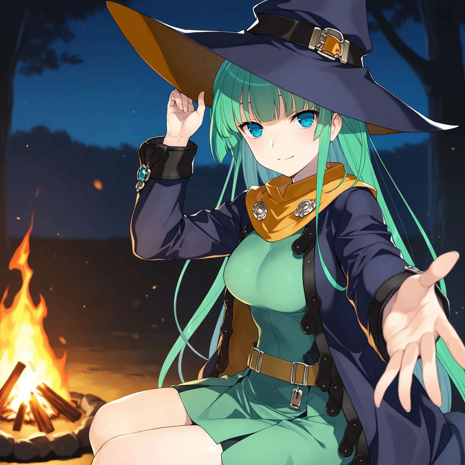 <lora:Masou_Shizuka_1_nai-000041:1>,Masou Shizuka,
witch hat,belt,scarf,long sleeves,dress,coat,
1girl,solo,hand on headwear,reaching towards viewer,smile,looking at viewer,depth of field,from side,night,sitting,bonfire,