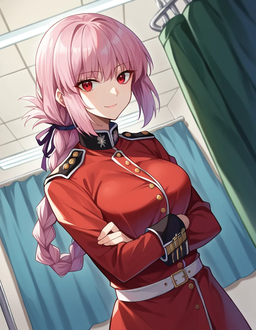 score_9, score_8_up, score_7_up, source_anime,
florencenightingale, <lora:florence-nightingale-ponyxl-lora-nochekaiser:1>,
florence nightingale, pink hair, long hair, red eyes, hair braid, sidelocks, folded ponytail, single braid, braid, braided ponytail,
military, military uniform, uniform, red uniform,
indoors, hospital, smile,
looking at viewer, dutch angle,