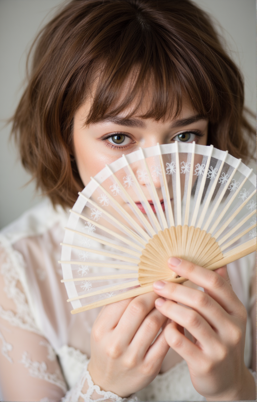 a woman holding a transparent lace fan with intricate patterns, her face is partially hidden behind it, soft wavy brown bobcut hair with bangs, her soft glowing skin is extremely pale and white, her cheeks are slightly blushed, intricately detailed high definition image, in the style of professional studio modeling, elegant and soft.
aidmarealisticskin, aidmaHyperrealism 
<lora:aidmaHyperrealismv0.3:0.45> <lora:aidmaRealisticSkin:0.7> <lora:Maisie_Williams_Flux:0.9>