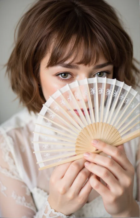 a woman holding a transparent lace fan with intricate patterns, her face is partially hidden behind it, soft wavy brown bobcut hair with bangs, her soft glowing skin is extremely pale and white, her cheeks are slightly blushed, intricately detailed high definition image, in the style of professional studio modeling, elegant and soft.
aidmarealisticskin, aidmaHyperrealism
<lora:aidmaHyperrealismv0.3:0.45> <lora:aidmaRealisticSkin:0.7> <lora:Maisie_Williams_Flux:0.9>