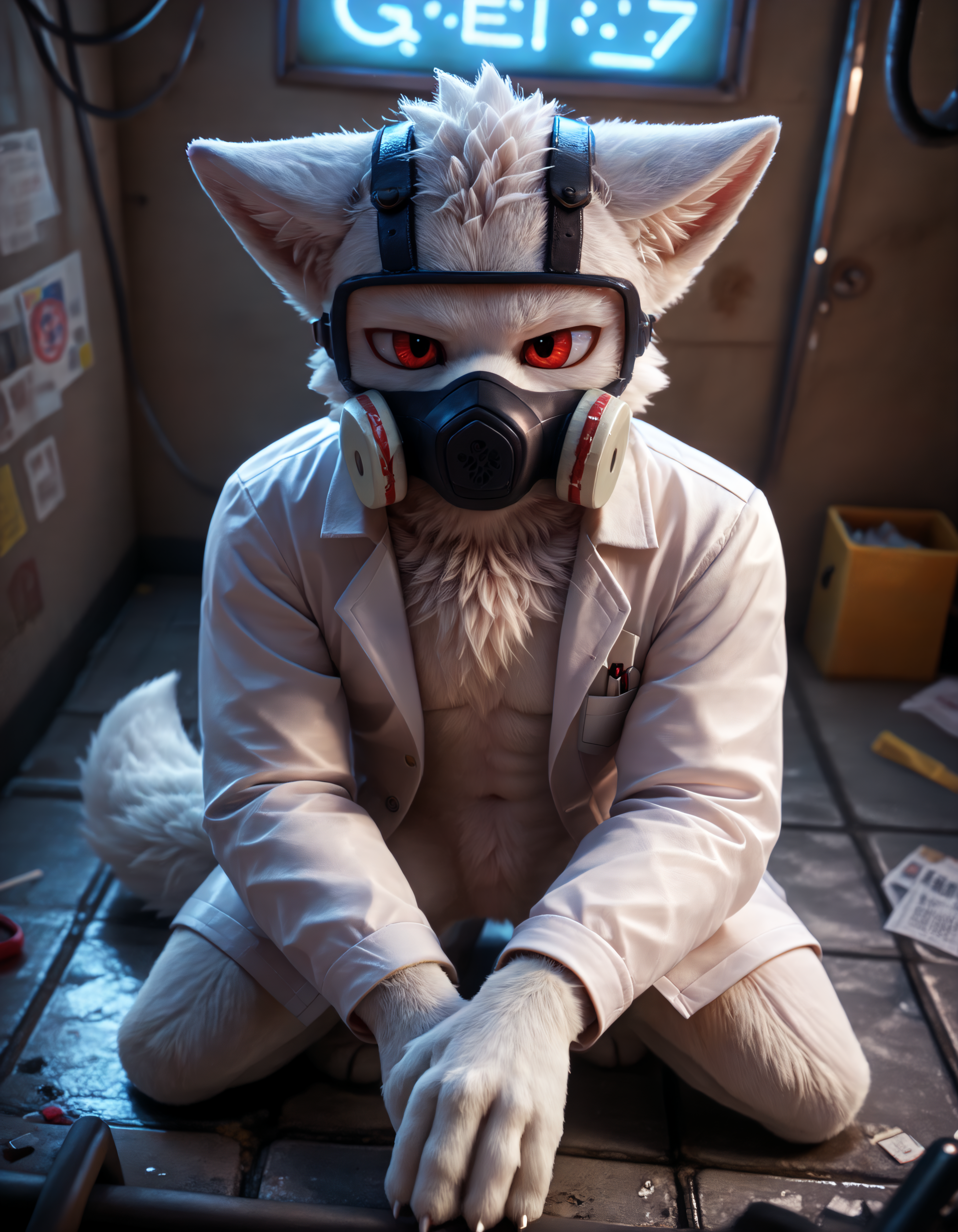 score_9, score_8_up, score_7_up, rating_safe, source_furry, detailed, shadows, ray tracing, cinematic lighting, particles, graffiti, decals, masterpiece, best quality, ultra realistic, 4k, 2k, film photography, RAW photo, photorealistic, analog style, subsurface scattering, photorealism, (best quality, high quality, 8K:1.5),<lora:add-detail-xl:3.0>, <lora:2.5DRealisticV2.safetensors:0.25>, <lora:sinfully_stylish_SDXL.safetensors:1.0>, <lora:AdvancedEnhancerXLv2.safetensors:1.0>, dutch angle, detailed eyes, (detailed background:1.2), (horny, seductive:1.1), <lora:Dr._K_Changed:0.90>, dr_k_changed,  solo, anthro, 1boy, furry male, red eyes, changed (video game), male focus, lab coat, furry, white claws, clothing, coat, white body, jitome, fur, animal ears, white fur, male, long sleeves, doctor, body fur, wolf ears, wolf boy, splayed ears, convenient censoring, mask, goggles, headwear, gas mask, high angle,  dutch angle, from above, squatting, rape face, laboratory, bunker, blue glow, low lighting, test tubes, alarm signal, neon lights, incubator, huge room, (light shining through fur:1.15), tail lights
