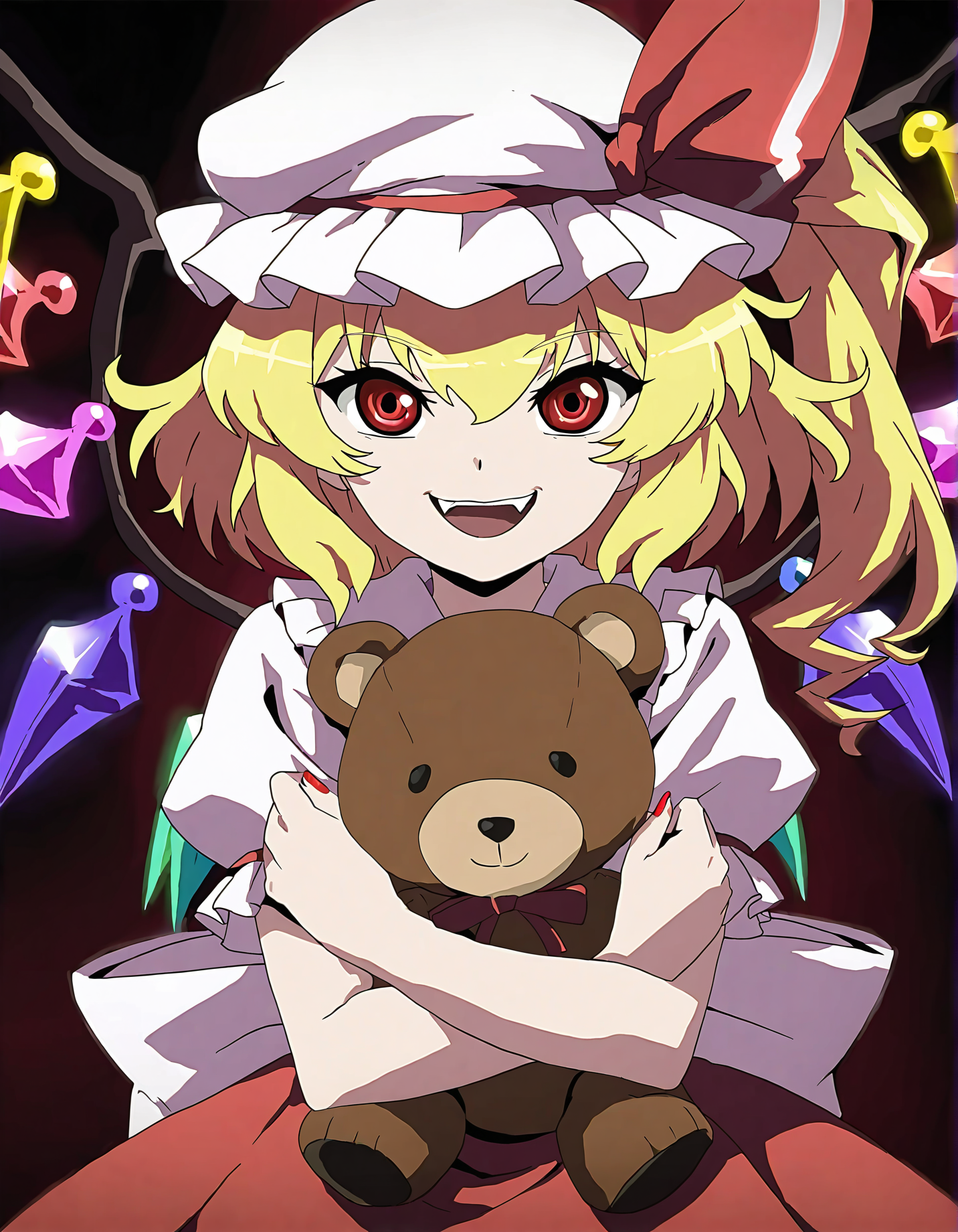 memoriesofphantasm, 1girl, flandre scarlet, wings, hat, blonde hair, teddy bear, solo, red eyes, stuffed animal, stuffed toy, open mouth, sensitive, smile, side ponytail, mob cap, short hair, parody, looking at viewer, puffy sleeves, anime coloring, ribbon, short sleeves, puffy short sleeves, hat ribbon
very awa, masterpiece, best quality, year 2024, newest, highres, absurdres, <lora:memories-of-phantasm-style-noobai-vpred10:1>