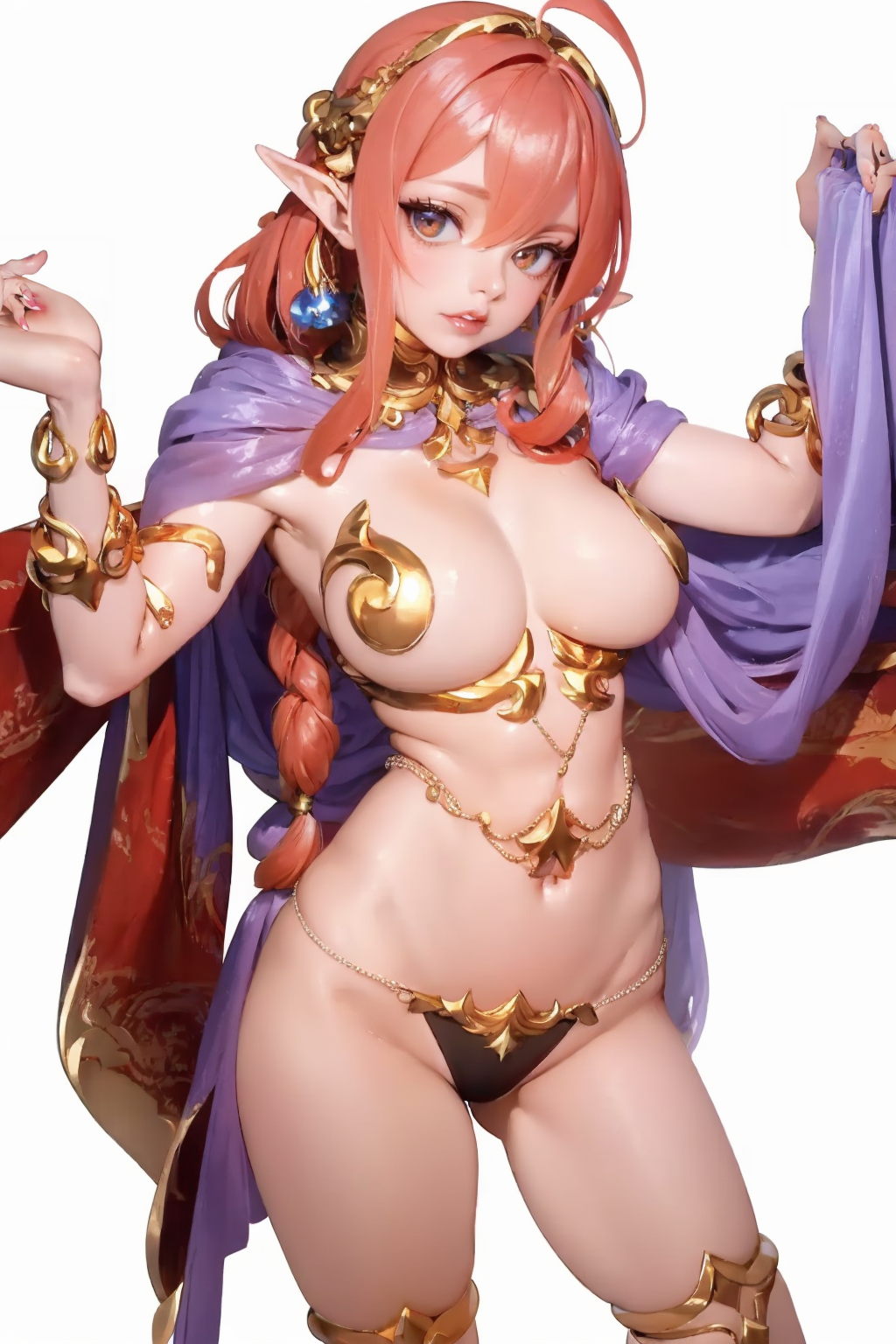 (cowboy_shot:1.5),(white background:2),
curvy,oval face,(red hair:1.5),messy hair,ahoge,(very long hair:1.4),crossed bangs,makeup,fundoshi,long_eyelashes,light_blush,black eyes,(front view:1.5),(looking_at_viewer:1.2),<lora:é»ç²¾çµSD1.5:0.8>,1girl,breasts,solo,thighlet,jewelry,bikini armor,armor,anklet,armlet,barefoot,elf,, (masterpiece:1.2),best quality,masterpiece,highres,original,extremely detailed wallpaper,perfect lighting,(extremely detailed CG:1.2),