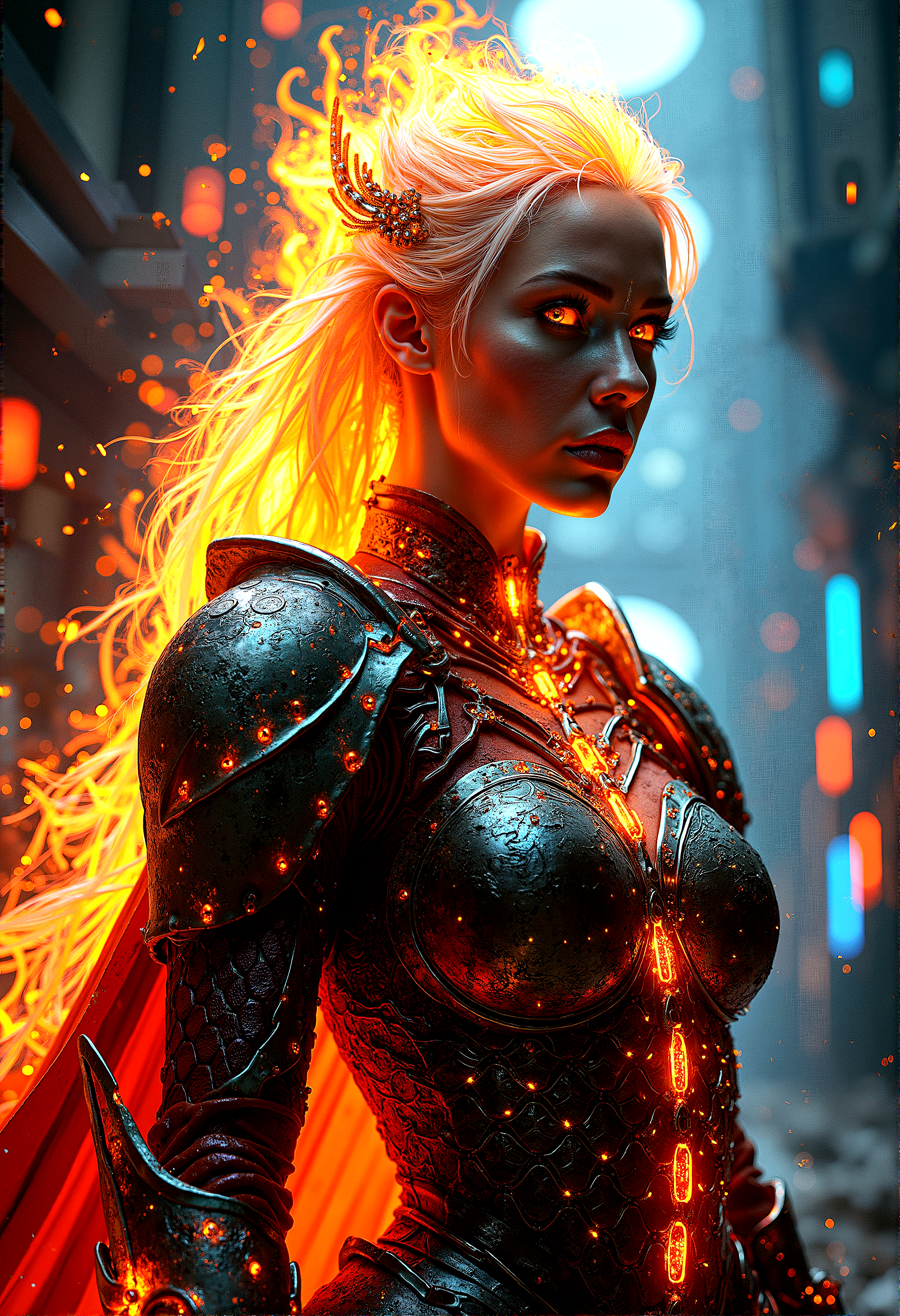 photorealistic image of a warrior queen with fire-infused scale armor, fiery cape, her hair blazing like a crown, in a digital fortress with intricate circuit patterns and neon lights, combining elements of fantasy and futuristic technology, glowing circuitry and fire reflections, ultra-detailed textures, dramatic lighting, next-gen graphics, high-definition, complex composition, cinematic




cinematic scene, cinematic lighting, intricate detail skin and facial texture, lifelike expression, accurate character design, dynamic pose, interesting and complex background details, 



 














