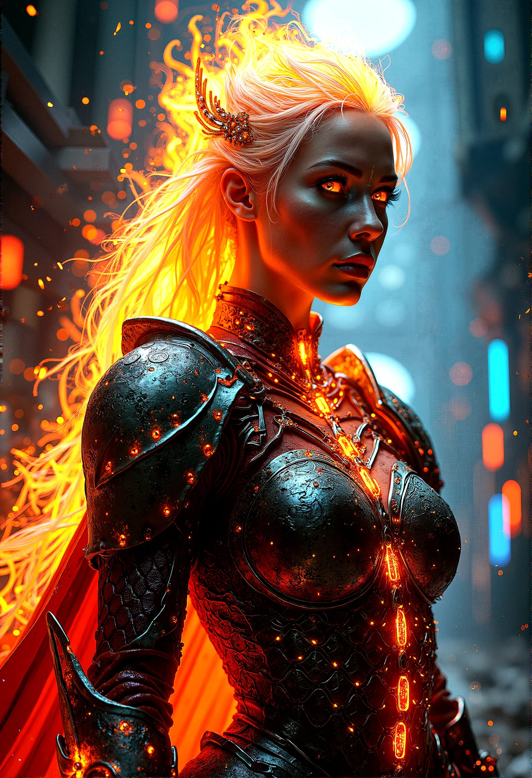 photorealistic image of a warrior queen with fire-infused scale armor, fiery cape, her hair blazing like a crown, in a digital fortress with intricate circuit patterns and neon lights, combining elements of fantasy and futuristic technology, glowing circuitry and fire reflections, ultra-detailed textures, dramatic lighting, next-gen graphics, high-definition, complex composition, cinematic
cinematic scene, cinematic lighting, intricate detail skin and facial texture, lifelike expression, accurate character design, dynamic pose, interesting and complex background details,