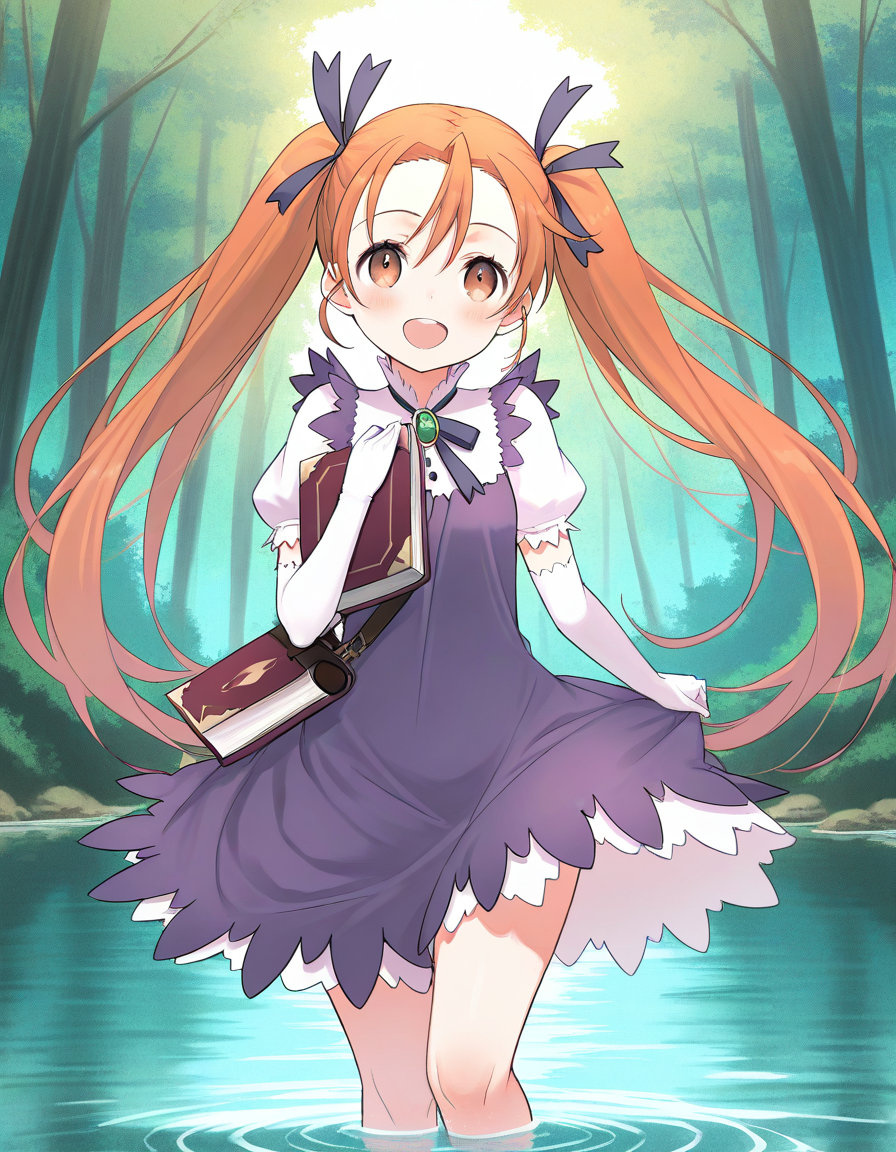 masterpiece, best quality, good quality, <lora:Aliese_Martini_IS:1> Aliese_Martini, 1girl, solo, twintails, long hair, brown eyes, hair ribbon, orange hair, brown hair, short stack,
1girl, solo, gloves, book, elbow gloves, blush, smile, open mouth, ribbon, outdoors, white gloves, :d purple dress,
forest, water,