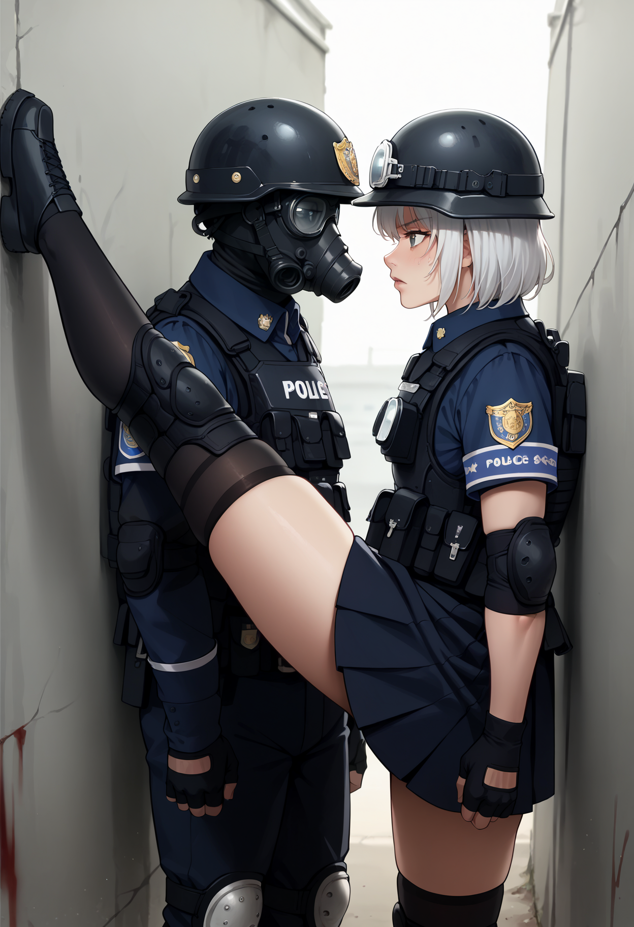 score_9, score_8_up,score_7_up, source_anime, <lora:kbdnlp_pdxl_EliPot:1> , kbdnlp, standing on one leg, leg up, standing split, kabedon, against wall,
1girl, police uniform, helmet, 1boy, fingerless gloves, knee pads, policewoman, bulletproof vest, elbow pads, thighhighs, goggles, blood, white hair, black jacket, black gloves, holding, tactical clothes, patch, policeman, socks, against wall, sheath, sexually suggestive, short hair, skirt, long sleeves, gas mask, black headwear, kneehighs, armband, black pants, assertive female