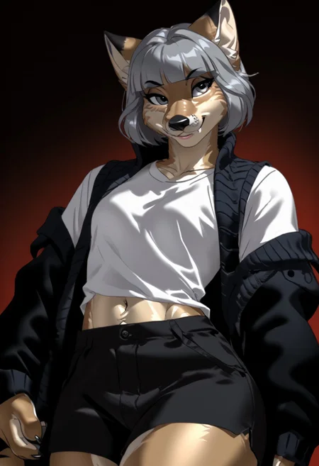 score_9, score_8_up, score_7_up, (by zummeng:1.5), (by jailbird:1.5), (by kittydee:1.5), masterpiece, best quality, (solo),
(Furry Art : Anthro : corsac fox:1.5), 1girl, expressive eyes, feminine eyes, perfect face, feminine face, (silver hair), (bob cut hair:1.3), (blunt bangs:1.5), (hair buns), feminine body, medium breasts, vulpes, canine, pale markings on the mouth, (multicolored fur), (grey fur), (light brown fur), (flat belly:1.3), (wide hips:1.4), (slim waist:1.2), (thick thighs:1.4), (shirt with vest:1.5), (cargo shorts), (grey eyes),