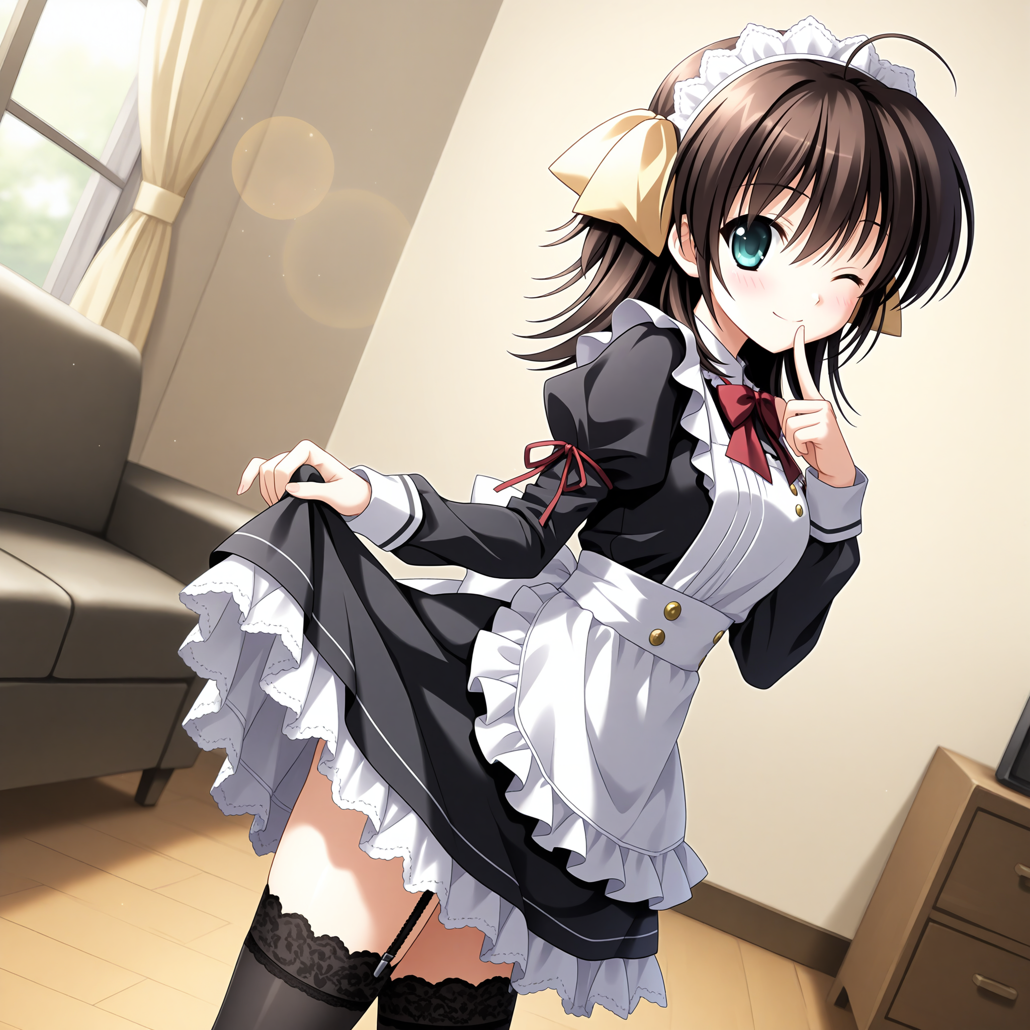 <lora:Miyamura_Miyako_1_nai-000018:1>,Miyamura Miyako,hair bow,yellow bow,
maid,maid headdress,maid apron,white bow,back bow,red bowtie,puffy long sleeves,frilled collar,white apron,sleeve ribbon,frilled thighhighs,frilled dress,black thighhighs,garter straps,
BREAK
1girl,solo,one eye closed,looking at viewer,indoors,skirt lift,smile,blush,living room,lens_flare,dutch angle,finger to mouth,from side,depth of field,