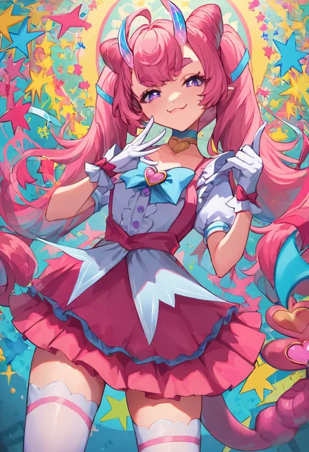 score_9, score_8_up, score_7_up, pastel colors, colorful, masterpiece, perfect face, post processing, slender thighs, skinny, 
circus bedroom background, daytime, looking at viewer, 
Cute pose, dancing, 
smug face, (pastel colors), 
(chibidokidef, light pink hair, bow, thick eyebrows, horns, gloves, tail, pink skirt, white thighhighs, choker, light purple eyes),
1 girl, solo, Expressiveh, AissistV2, concept art, realistic