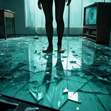 <lora:2000s_Crime_Thriller_MovieSDXL:1> ArsMovieStill, movie still from a gritty, high-contrast 2000s crime thriller movie, The image shows a person standing on a broken glass floor in a room with a television on the left side and a table on the right side. The person is standing in the center of the image with the broken glass scattered across the floor., blurry, silhouette, indoors, tile floor, tiles, depth of field, no humans, classroom, shadow, standing