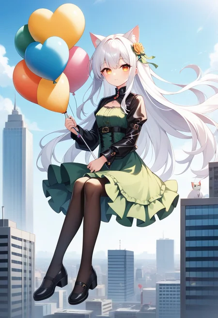 (masterpiece), (score_9, score_8_up, score_7_up,source_anime), best quality, ultra-detailed,24K, illustration, (Uncorrected), CG,
Latex, girl and cat, holding umbrella,
Multiple balloons, huge balloon, (heart-shaped ballons:1.2).
(Girl sitting on balloons, floating, white hair, ultra-long hair, amber eyes, ultra-detailed eyes:1.2), green dress, jacket, pantyhose, leather shoes,
in Rooftop of Skyscraper, modern city, Skyscraper,