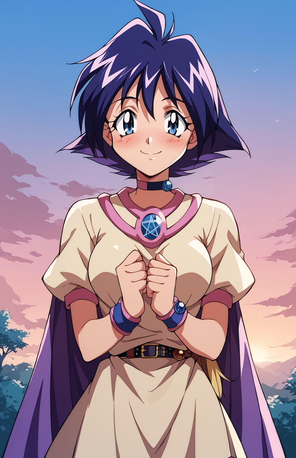 score_9,score_8_up,score_7_up,score_6_up BREAK source_anime,rating_explicit,masterpiece,best quality,detailed background,<lora:Amelia_Wil_Tesla_Saillune_Slayers_culty:0.8>,amelia,1girl,short hair,blue eyes,purple hair,retro artstyle,1990s (style),pentacle,cape,choker,short sleeves,skirt,upper body,smile,blush,outdoors,sky,face focus,