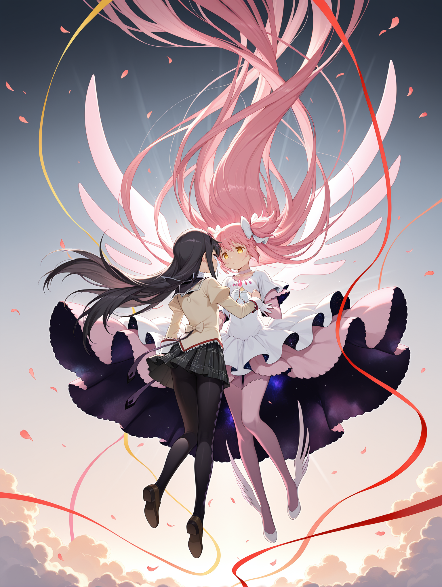 1girl,petite,
akemi homura, ultimate madoka,
2girls, absurdly long hair, black hair, black pantyhose, cloud, dress, facing another, facing away, floating, floating hair, from behind, glowing, gradient background, juliet sleeves, light rays, long hair, long sleeves, looking at another, midair, mitakihara school uniform, multiple girls, pantyhose, pink hair, puffy sleeves, school uniform, skirt, streamers, very long hair, wind, yellow eyes,petals,
face-to-face,holding red ribbon,
,masterpiece,best quality,amazing quality,