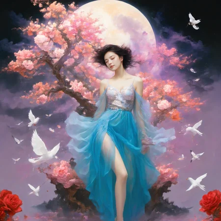 <lora:LangV2:0.85>, <lora:RuanV2:0.6>, <lora:KahoPonySRV1:0.9>, Kaho, pigeon, dress, rose, <lora:add-detail-xl:1.0>, 1girl, solo, dress, tree, moon, closed eyes, jewelry, black hair, see-through, cherry blossoms