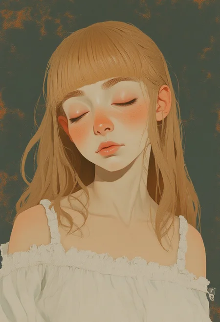 A southern pixie style young woman, she is knocked out and looks sleepy. She has long, straight thick blonde hair with bangs that partially cover her forehead. Her eyebrows are strong and thick, her mouth is closed and she looks away. Her skin is fair with freckles on her cheeks and nose, giving her a youthful appearance. She is wearing a very plain and simple, off-the-shoulder white top that exposes her shoulders and upper arms. the straps of her dress have slipped down. cool atmosphere, trailer trash style, punk attitude, shanshui, gongbihua, art by incase, (eyes open)