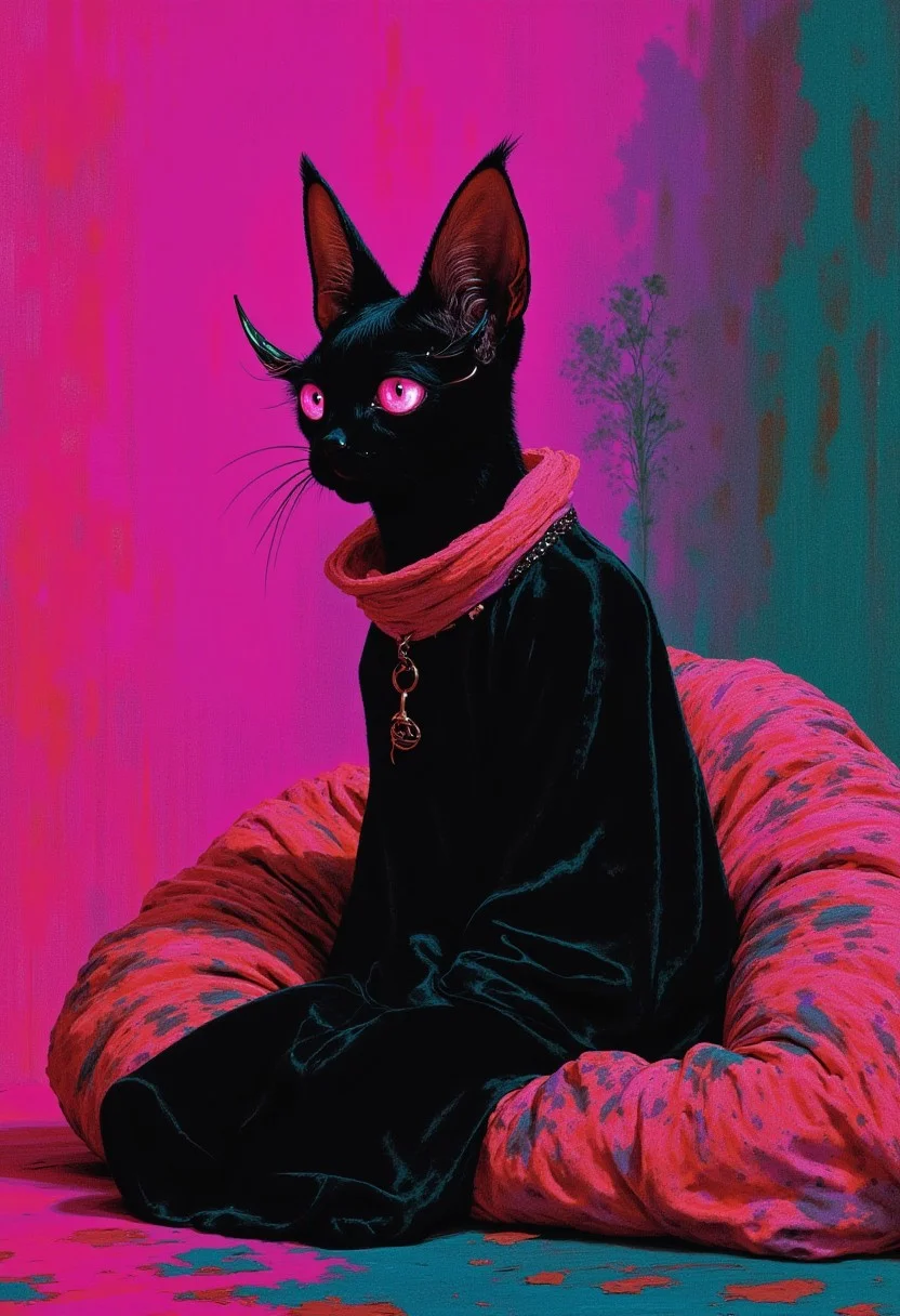 Anthropomorph Cat wearing human ears, long eyelashes,  black dress with pink collar, sitting in a large beanbag, magenta grunge, in profile, side view, surrealism, pencils, fashion illustration, gradient magenta and teal background, avant-garde, vivid colors, filigrie, photorealistic rendering, mody chiaroscuro lighting