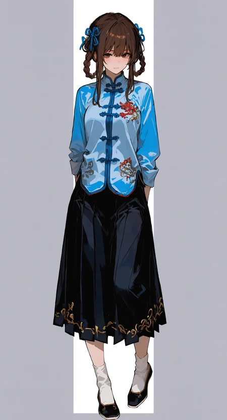 masterpiece, best quality, good quality, very aesthetic, absurdres, newest,  1girl, ankle socks, black skirt, blue shirt, braid, braided hair rings, brown eyes, brown hair, chinese clothes, choppy bangs, flats, full body, grey background, hair rings, long skirt, mandarin collar, republic of china school uniform, school uniform, shanghai neckline, shirt, skirt, socks, looking_at_viewer <lora:spo_sdxl_10ep_4k-data_lora_webui:0.6> <lora:ponyv4_noob1_2_adamW-000017:0.7> <lora:GBF_Illustrious:0.6> <lora:748cmSDXL:1>